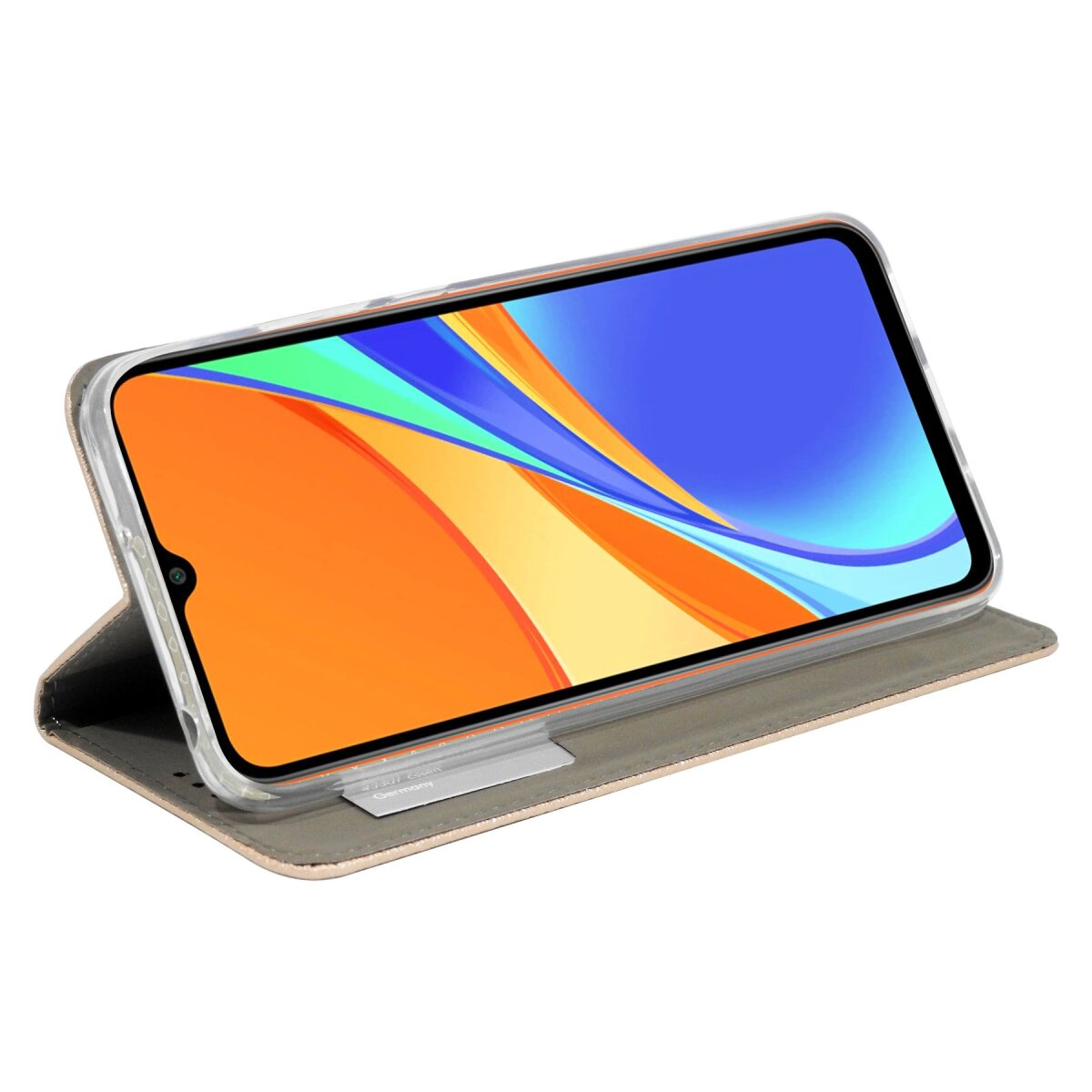 Smartphone in custodia, vista angolata, schermo con motivo astratto colorato.
