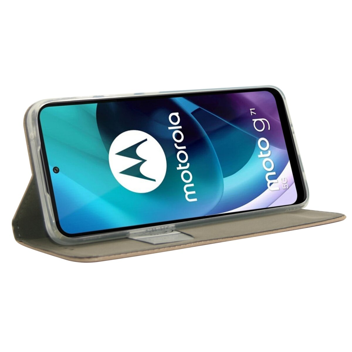 Telefono Motorola in custodia grigia, mostrando lo schermo.