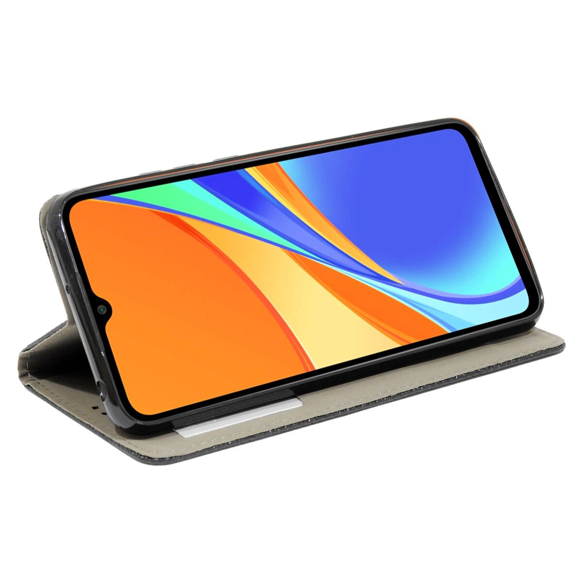 Smartphone in custodia nera, aperto. Schermo mostra gradiente blu e arancione.