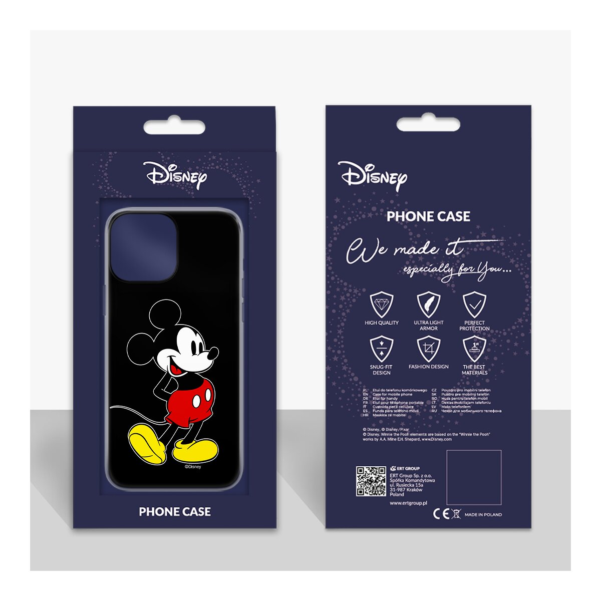Una custodia per telefono nera con un design di Topolino. Il retro mostra la confezione.
