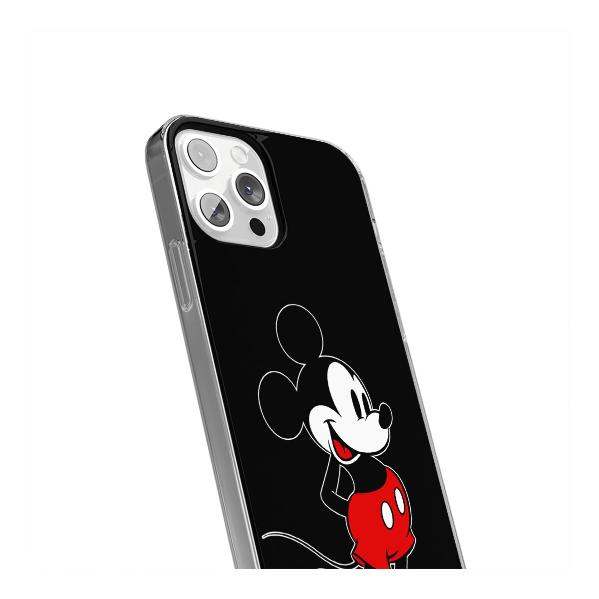 Custodia per telefono nera con grafica di Topolino. Il telefono ha tre fotocamere.