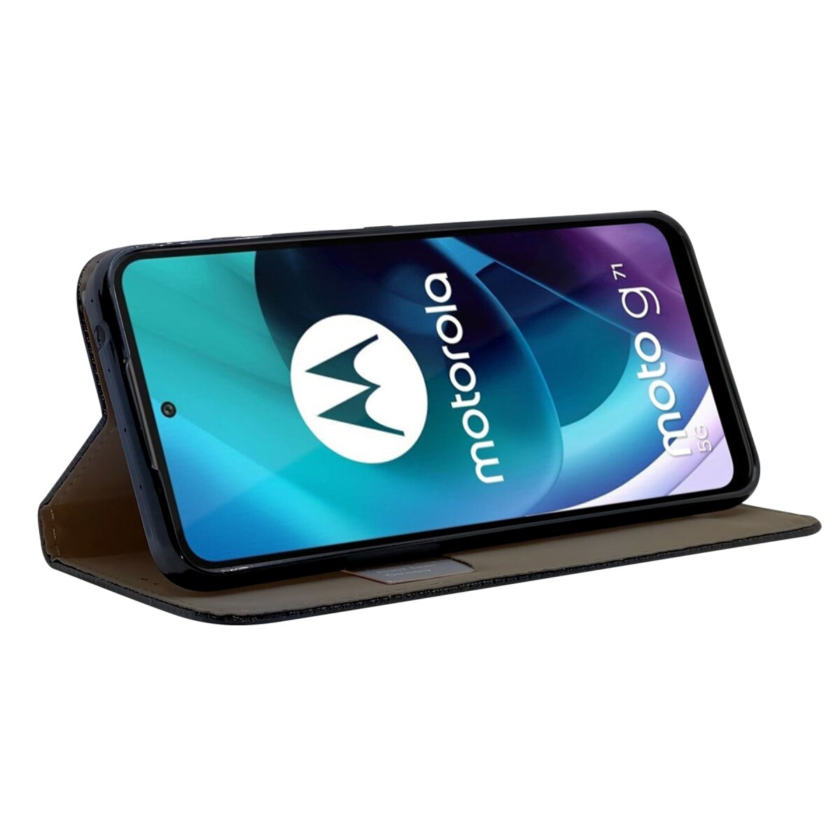 Telefono nero all'interno di una custodia nera. Lo schermo mostra il logo e il testo Motorola.