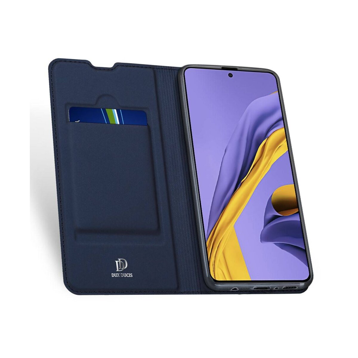 Telefono blu in una custodia blu scuro con slot per schede. Schermo del telefono visibile.
