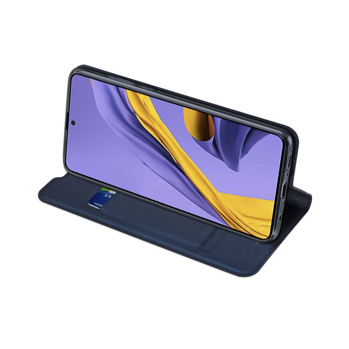 Una custodia blu per telefono con un telefono all'interno. Il telefono è in posizione di supporto.