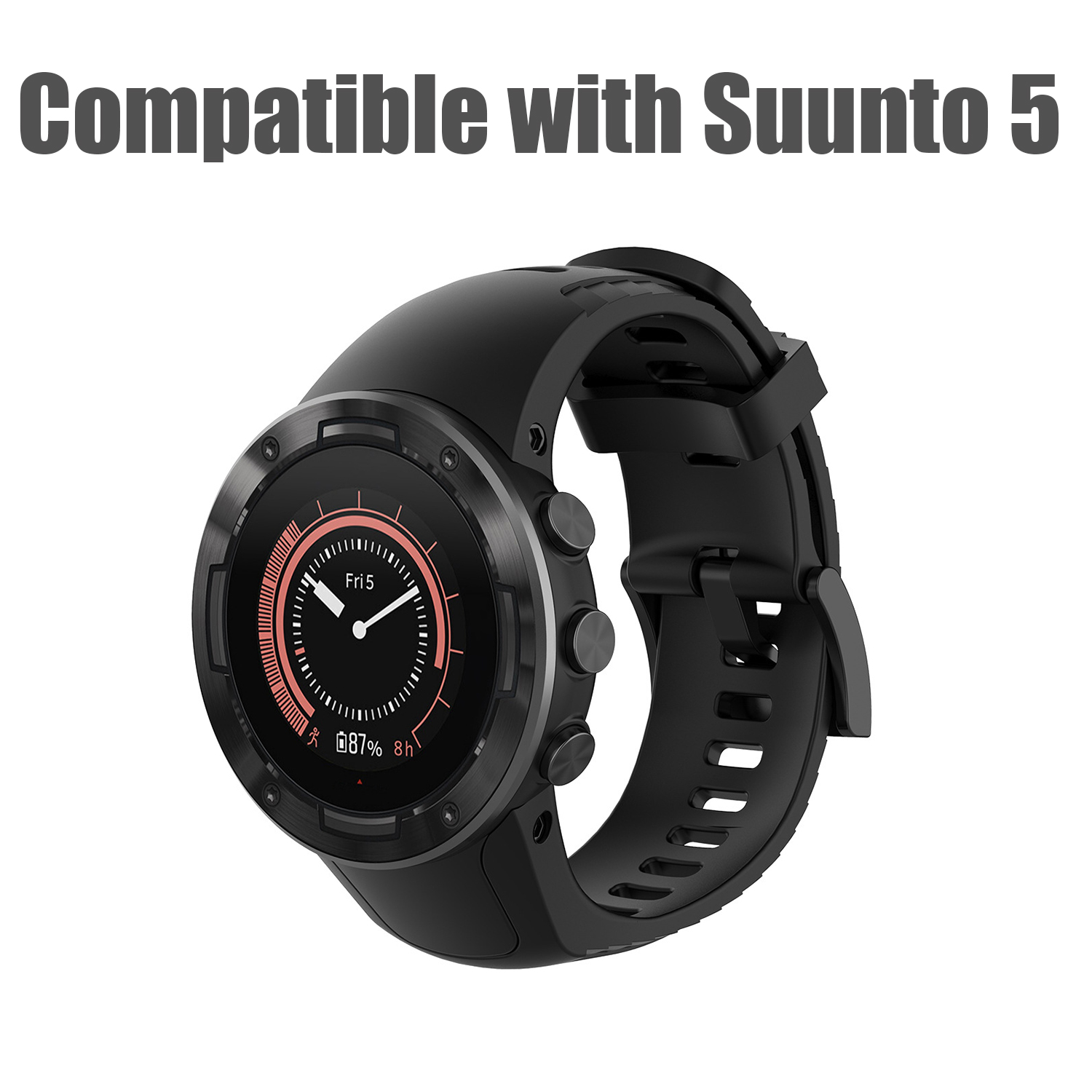 Smartwatch Suunto 5 nero su sfondo bianco, che mostra l'ora e la durata della batteria.