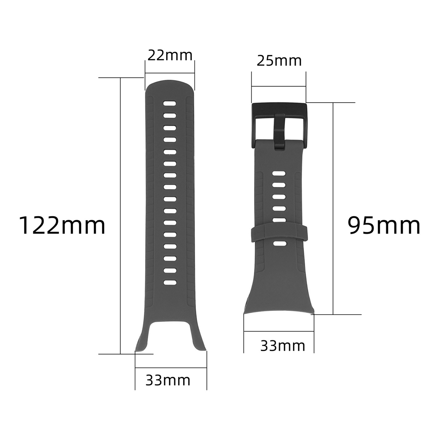 Diagramm eines Smartwatch-Armbands. Zeigt Abmessungen: 122mm Länge, 22mm Breite und 95mm Länge, 33mm Breite.