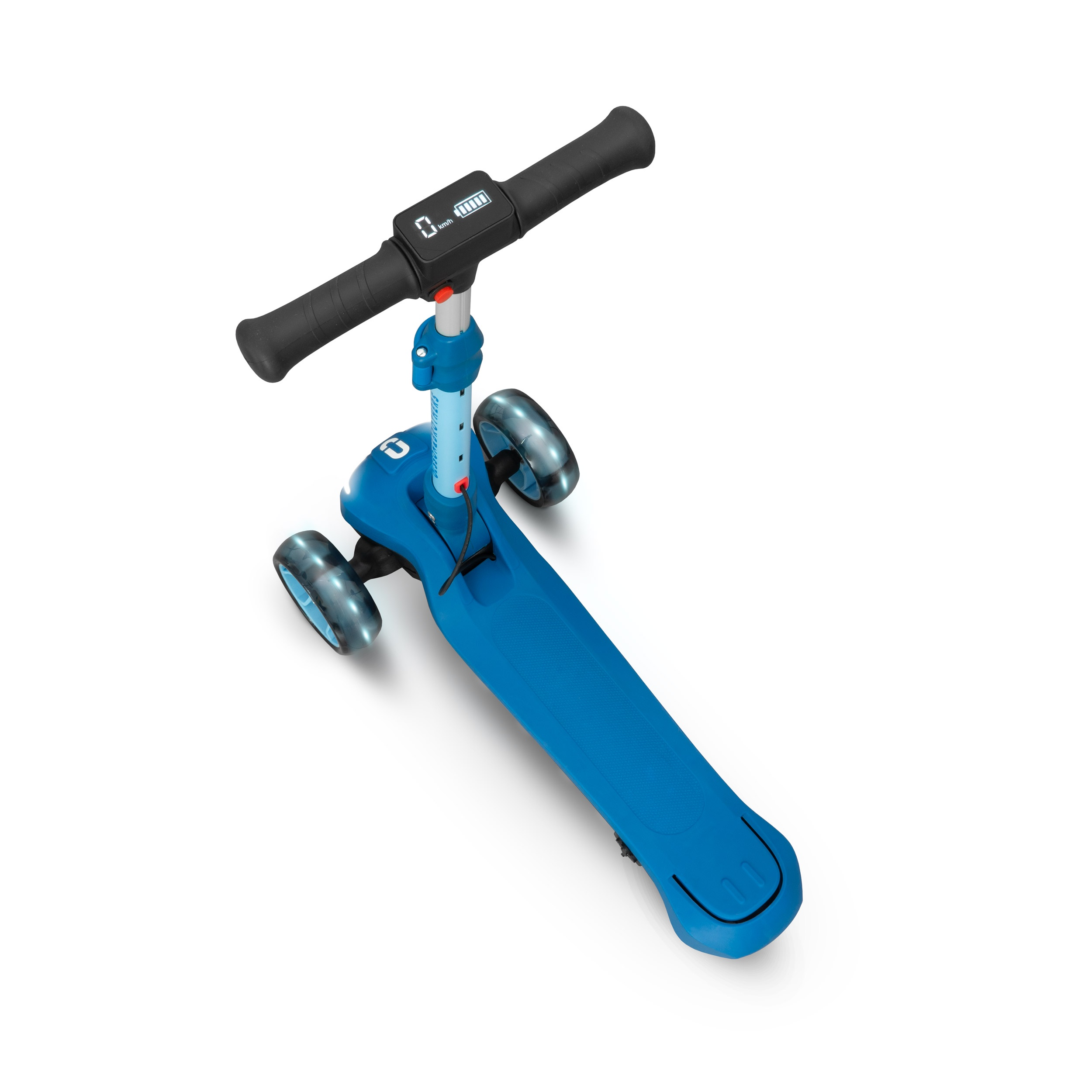 Patinete eléctrico azul. El manillar tiene una pantalla.