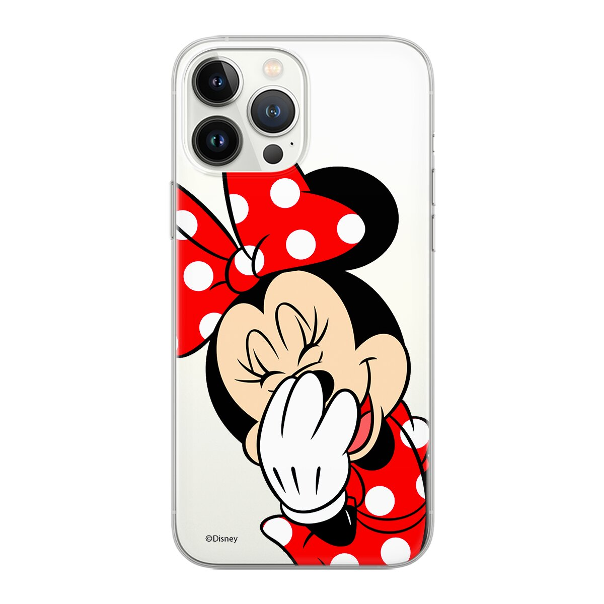 Minnie Mouse su una custodia per telefono. Sta ammiccando e si copre la bocca.