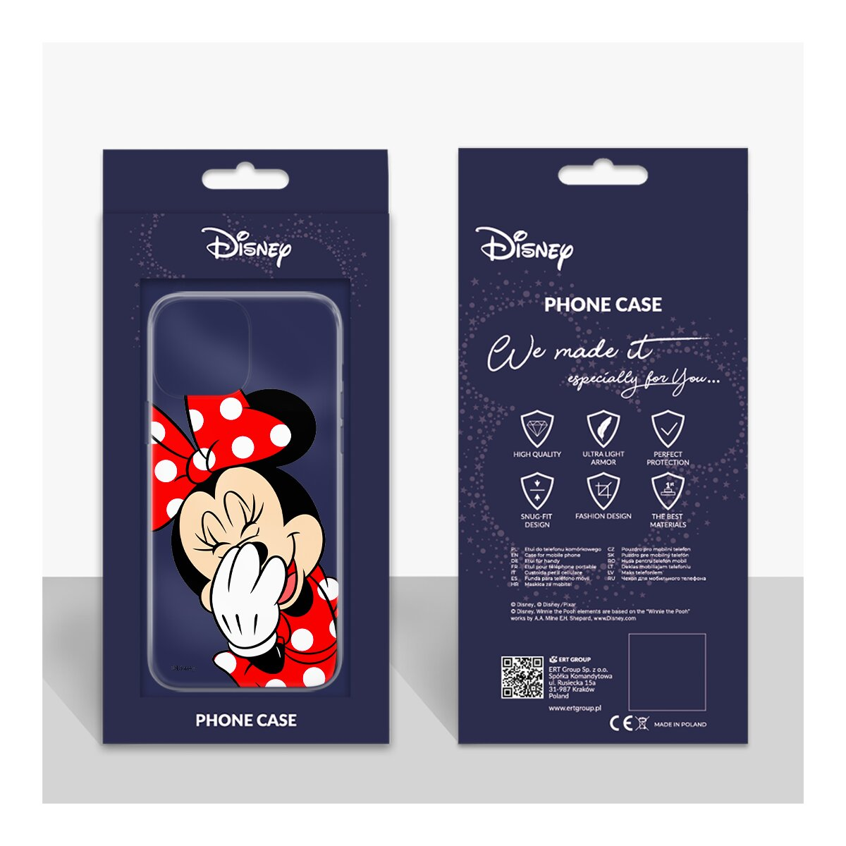 Una custodia per telefono con Minnie Mouse e la confezione, con testo e design.