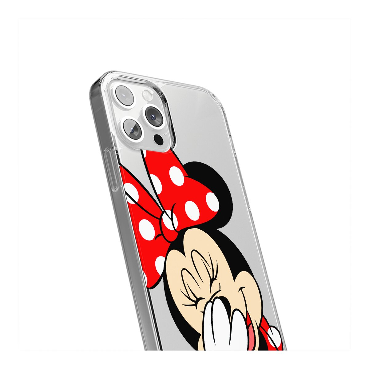 Una custodia trasparente per telefono con Minnie Mouse. La custodia copre la fotocamera del telefono. Minnie ha un fiocco rosso.