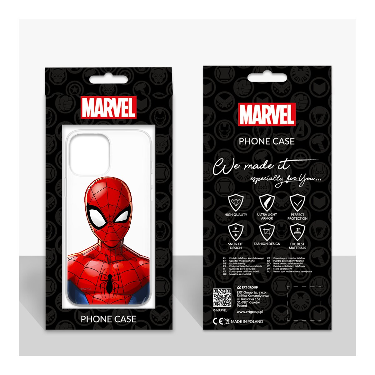 Confezione della custodia per telefono Marvel Spider-Man. La custodia mostra una grafica di Spider-Man rossa e blu.