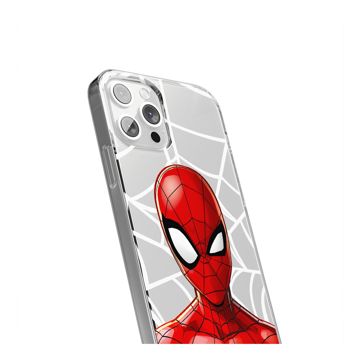 Custodia per telefono con grafica di Spider-Man. Custodia trasparente con Spider-Man rosso e bianco. Sfondo bianco.
