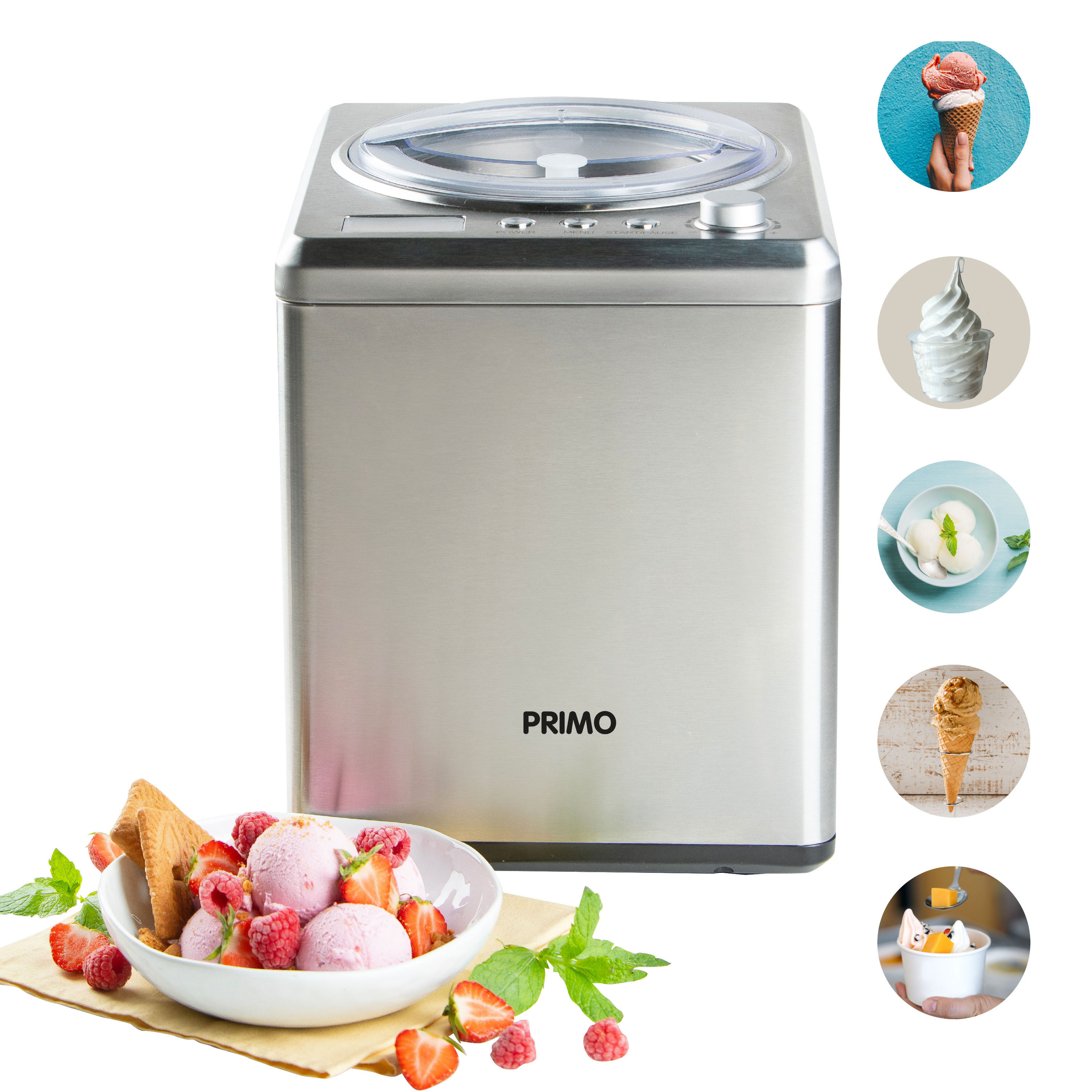 An ice cream maker with ice cream scoops and toppings. Several small pictures of ice cream are also shown.