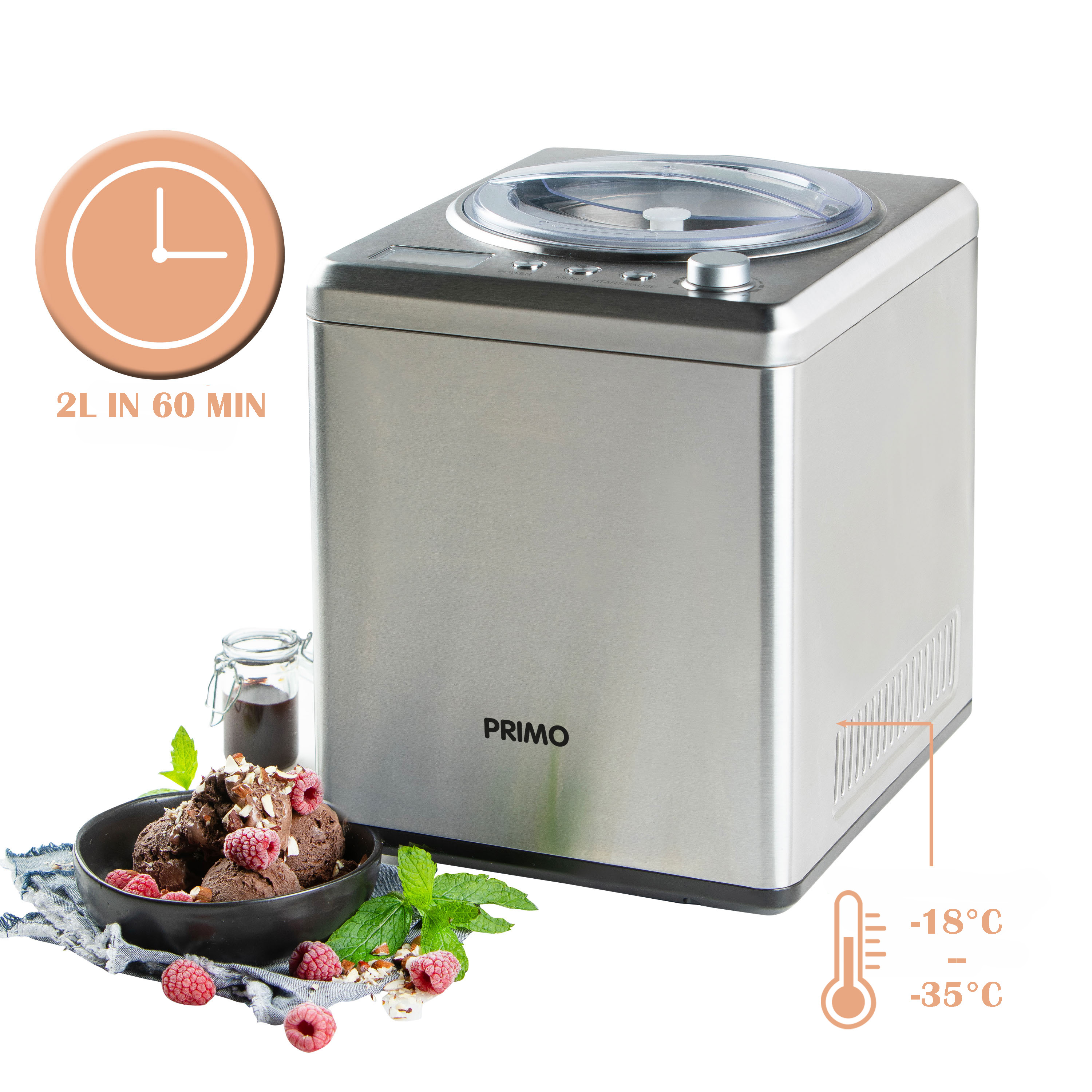 Silver ice cream maker with ice cream and toppings in foreground. Time and temperature shown.
