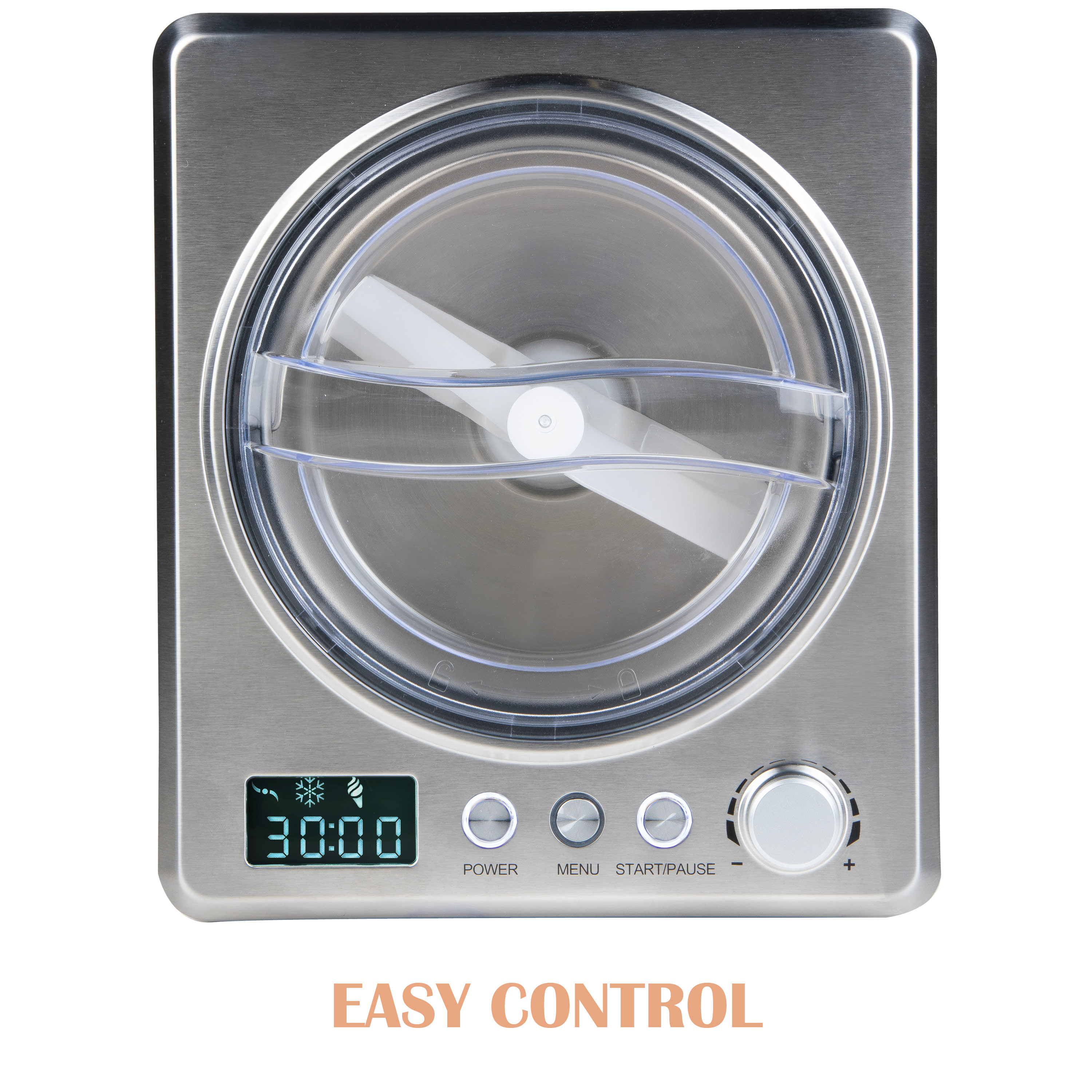 Stainless steel ice cream maker with display and control panel. Easy control text below.