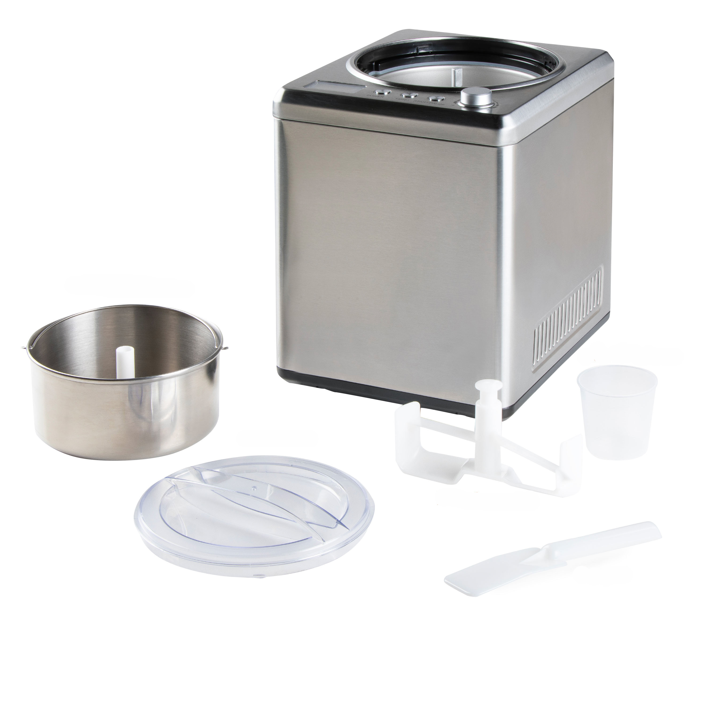 An ice cream machine with components: bowl, lid, paddle, and measuring cup, on a white surface.