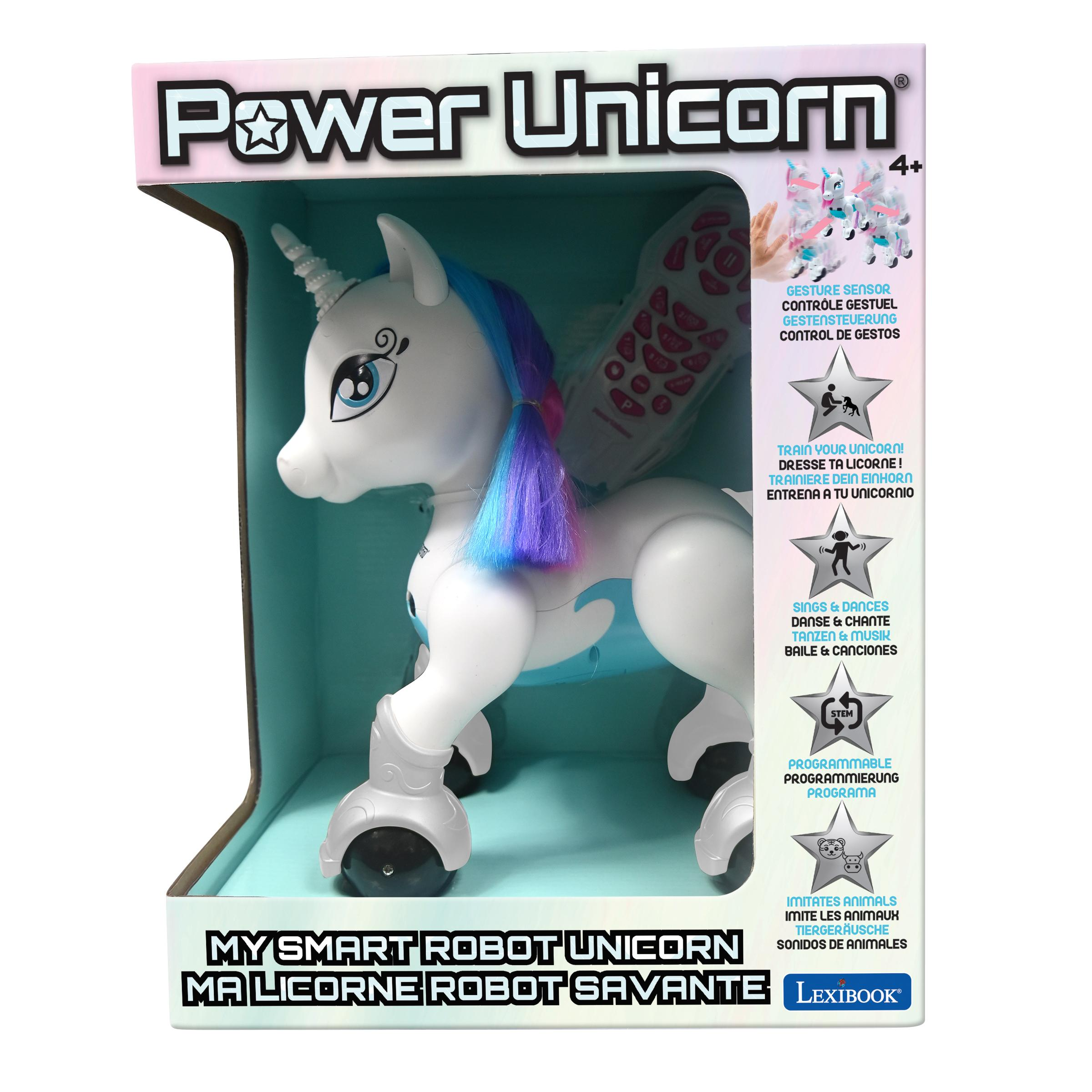 Un giocattolo Power Unicorn è in una scatola. È bianco con capelli blu e viola. Il testo sulla scatola elenca le caratteristiche.