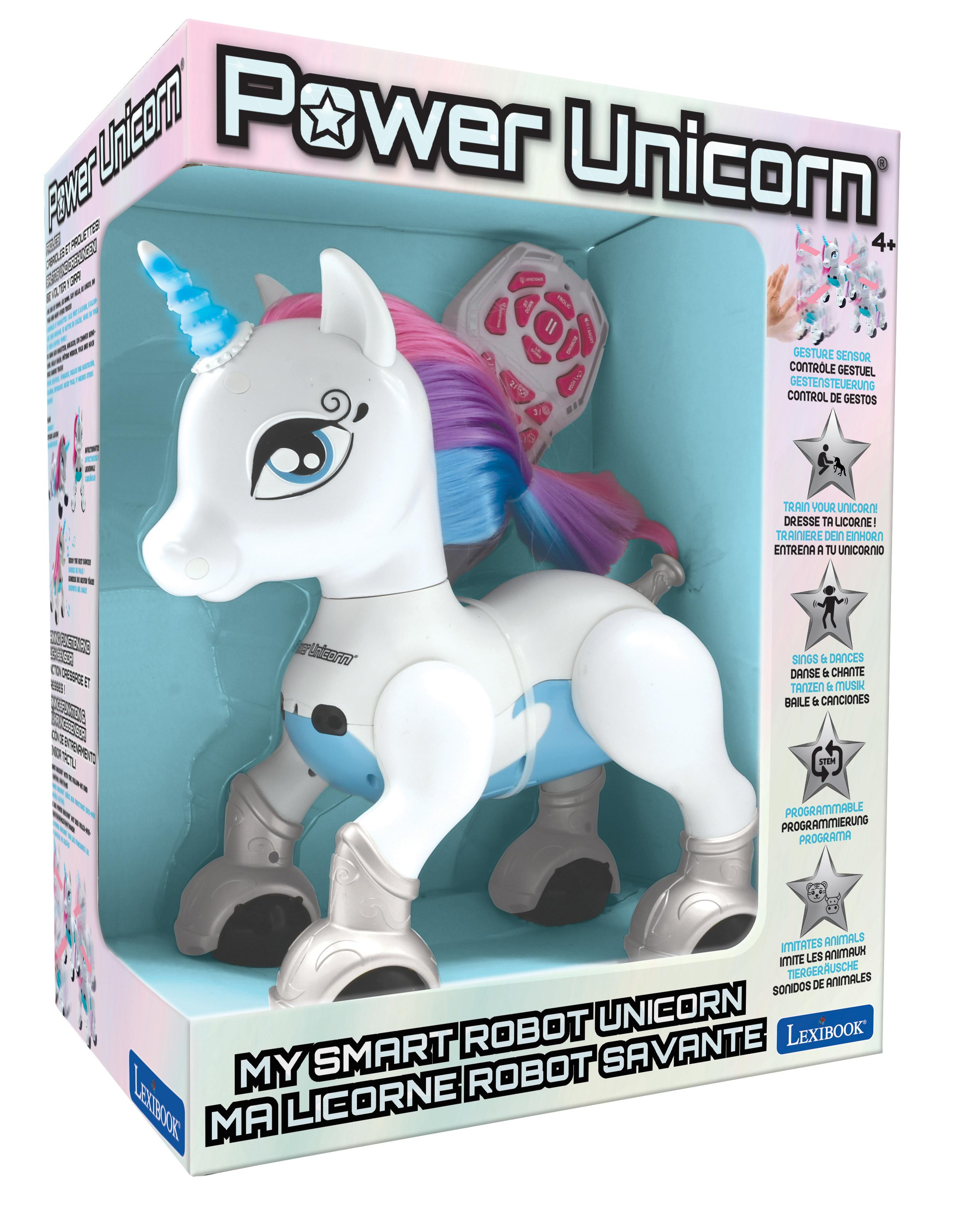 Un unicorno giocattolo in una scatola con telecomando, etichettato 'Power Unicorn'.