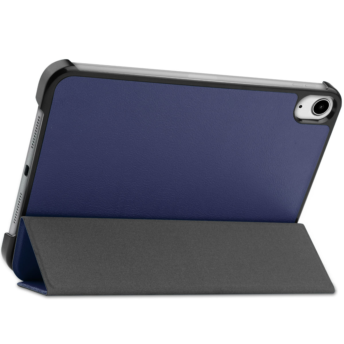 An iPad is in a blue leather case with a gray stand. The back of the iPad is visible with the camera.