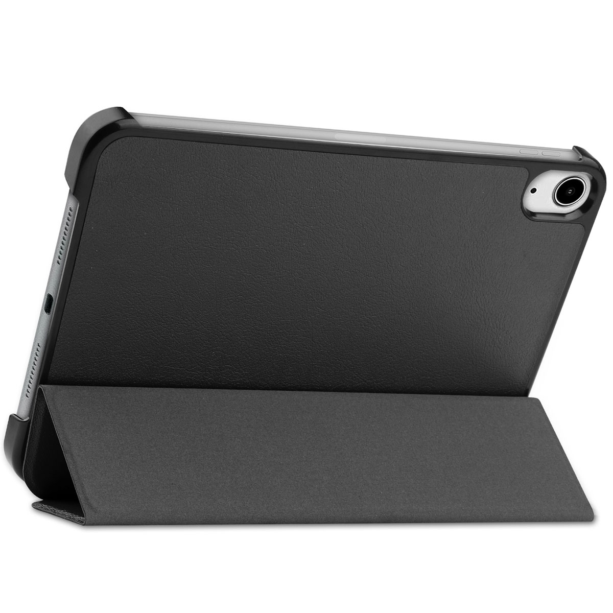 An iPad is in a black leather case with a gray stand. The back of the iPad is visible with the camera.