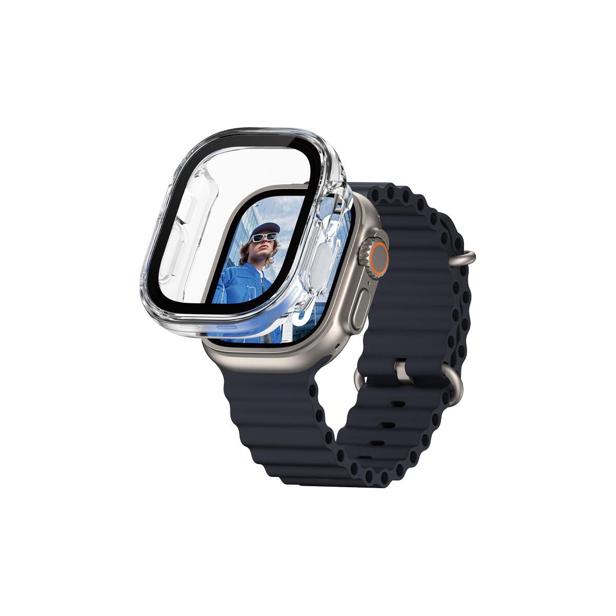 Smartwatch with clear case on a wrist. Text: Smartwatch, clear case.