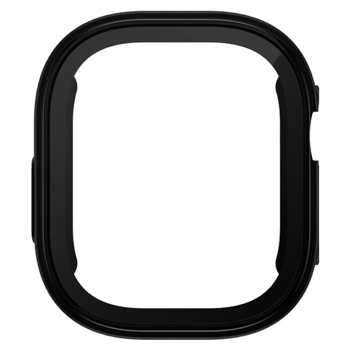 A black square watch case with a clear, transparent screen cover.