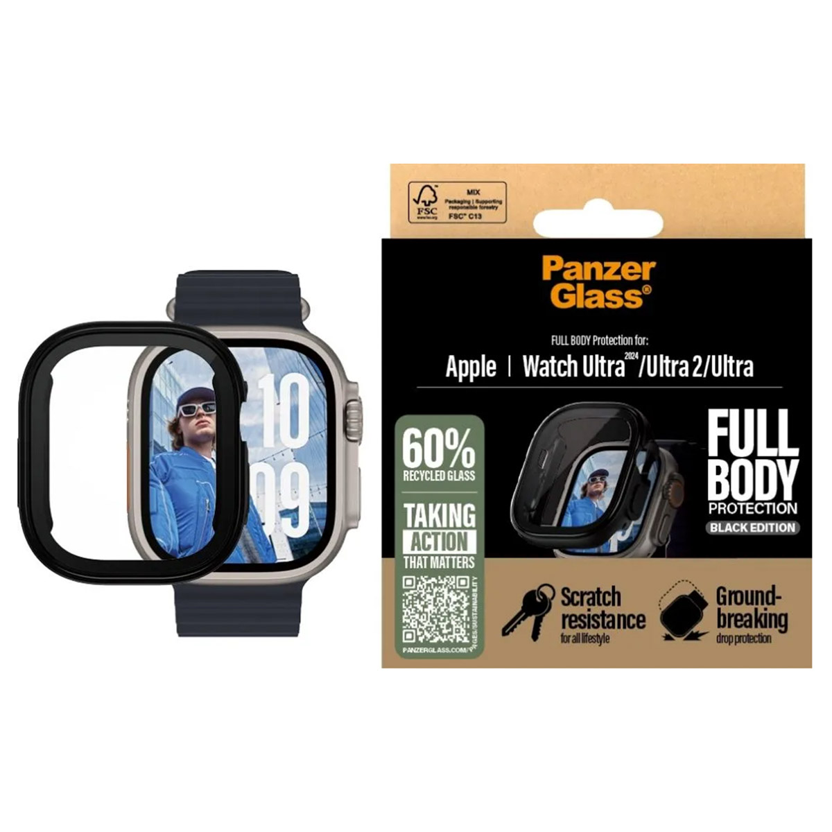A watch with a screen protector and a box showing the protector and a person.