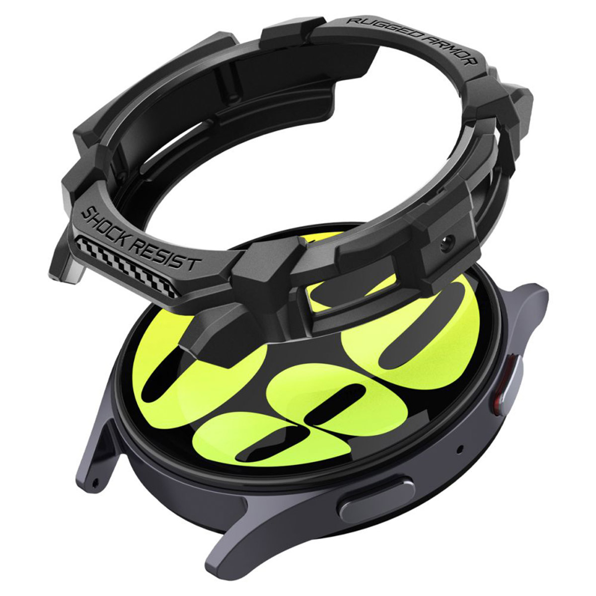 Czarna koperta zegarka ze zdejmowaną ramką ochronną, pokazująca żółty ekran.