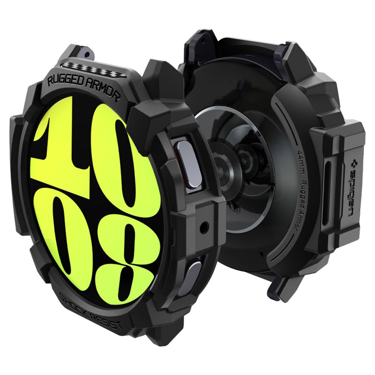 Czarna obudowa smartwatcha pokazująca tarczę zegarka. Obudowa jest wytrzymała.