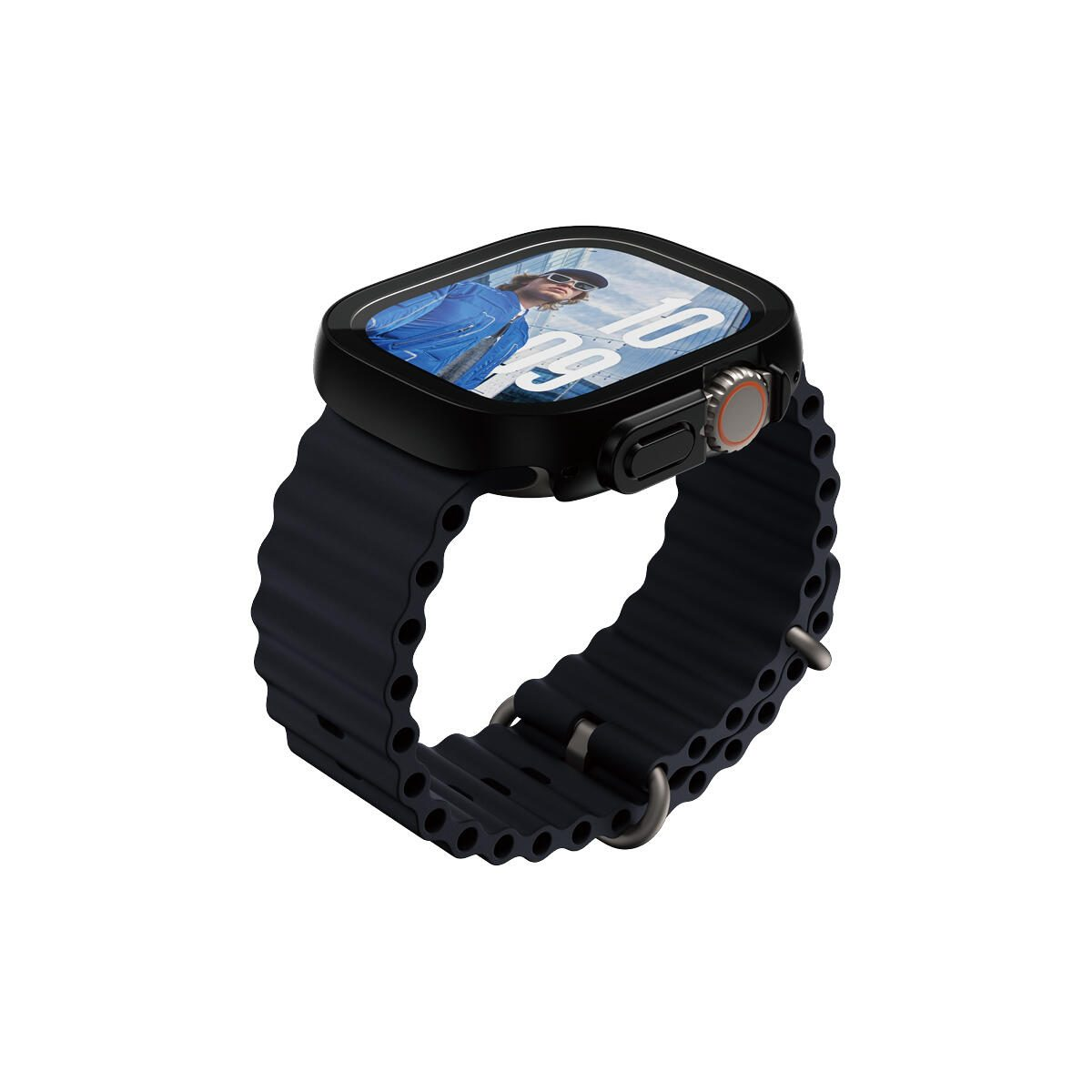 Black smartwatch with a black band and a clear screen protecting the display.