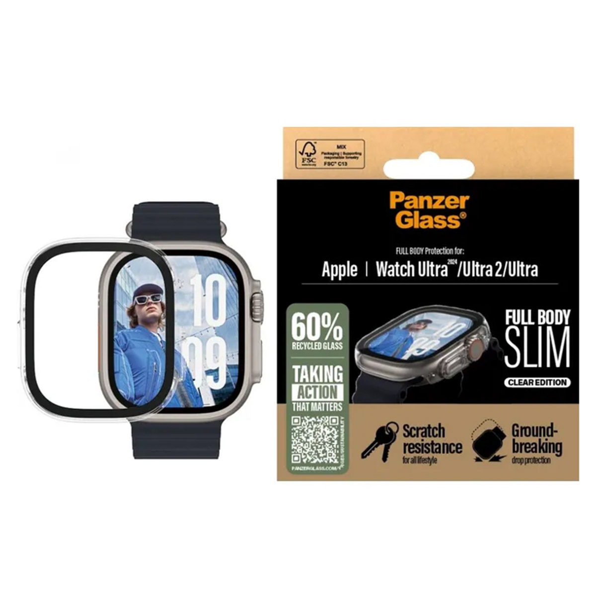 An Apple watch with screen protector and packaging.