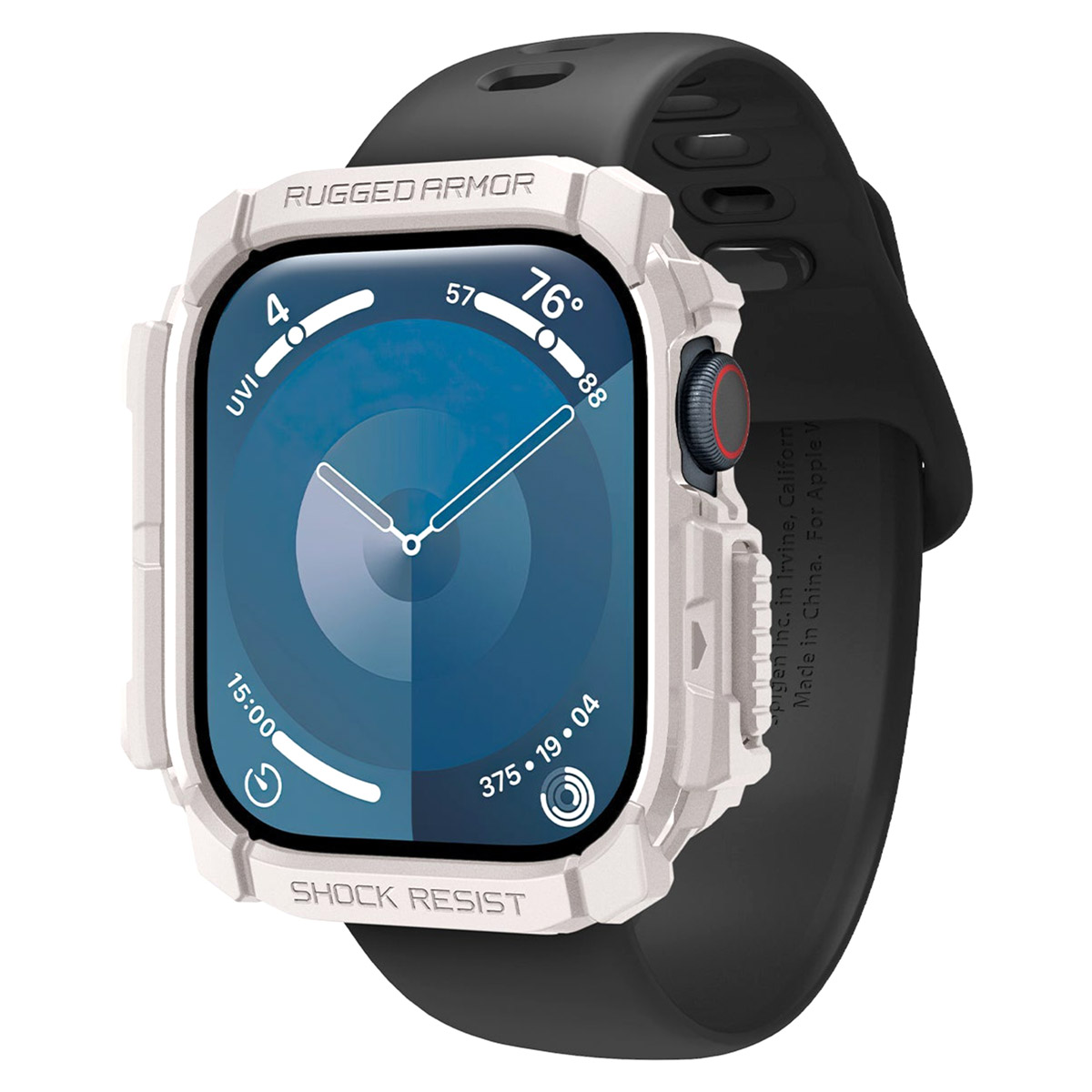 Smartwatch z białą, wytrzymałą obudową i czarnym paskiem, pokazujący godzinę.