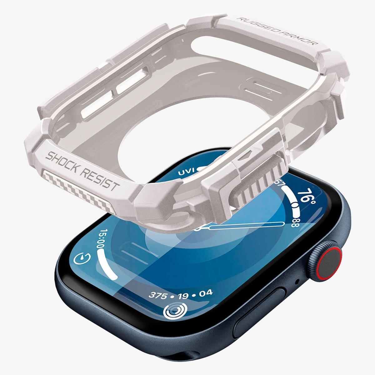 Biała obudowa zegarka, otwarta, z widocznym smartwatchem z niebieskim ekranem i czerwonym przyciskiem.