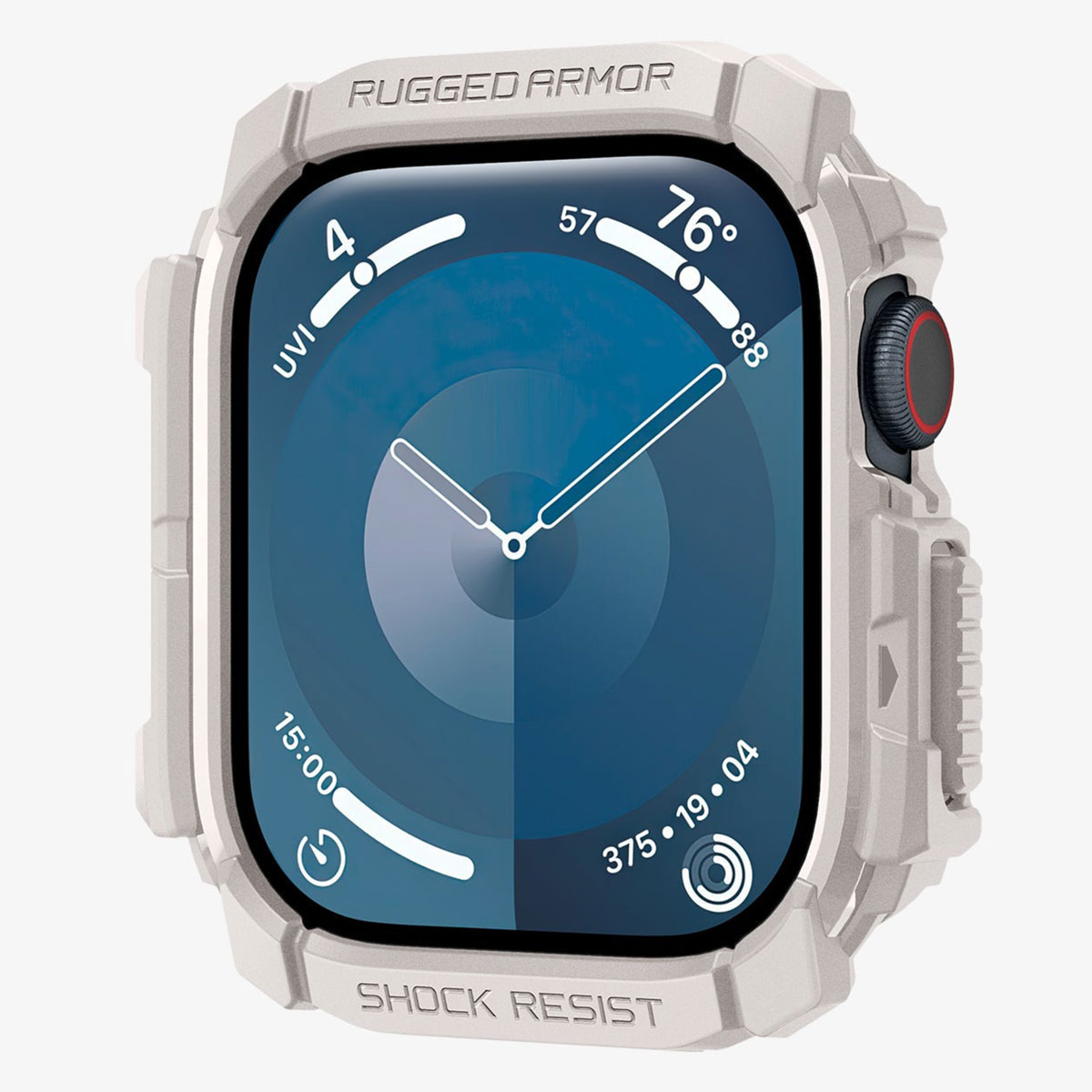 Biały smartwatch z ochronnym etui, czarnym paskiem i tarczą zegarka.