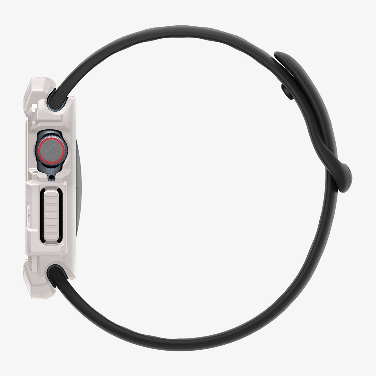 Widok z boku zegarka z czarnym paskiem i białą kopertą. Zegarek ma czerwoną koronę.