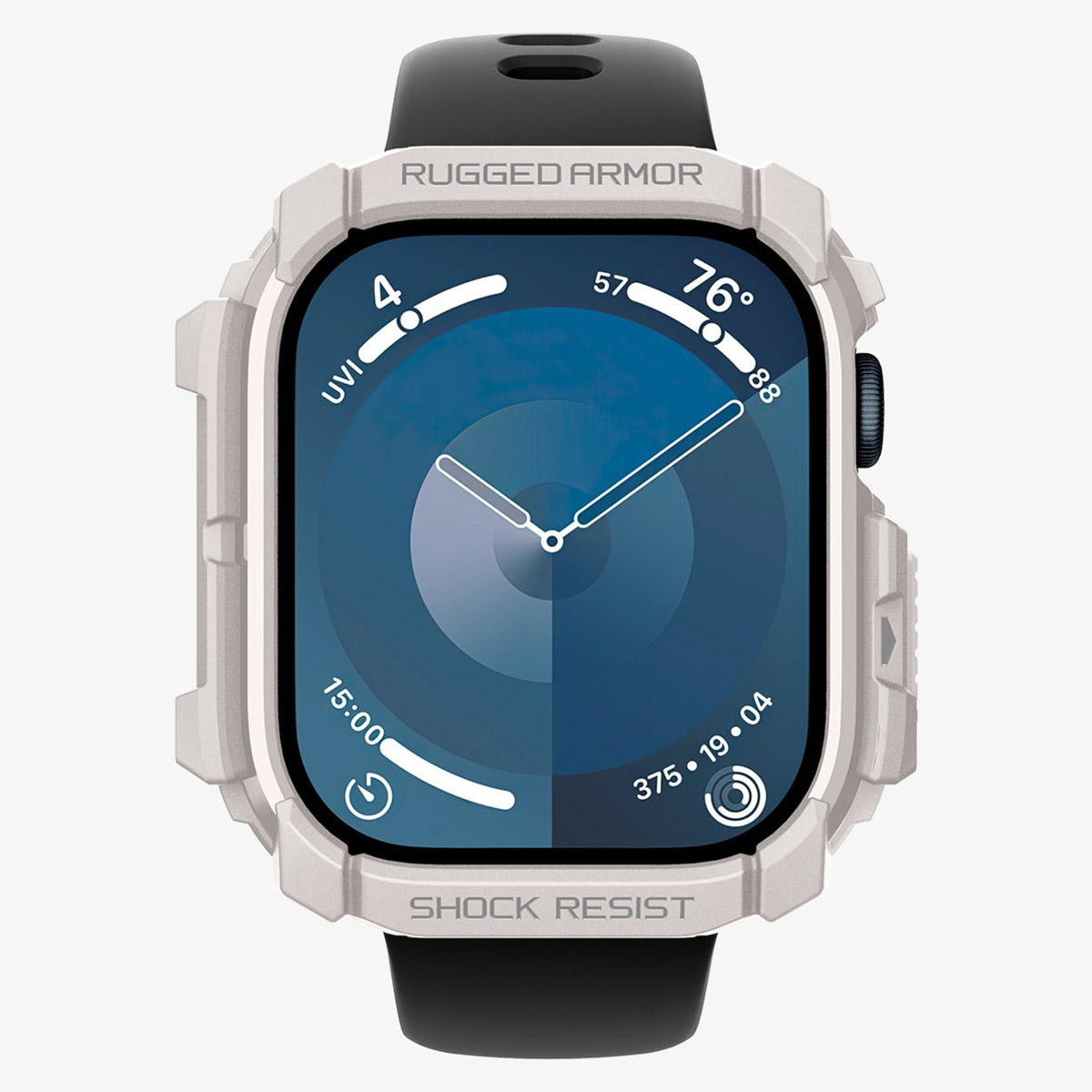 Smartwatch Rugged Armor. Szara obudowa z czarnym paskiem. Wyświetla czas, UVI i informacje o dacie.