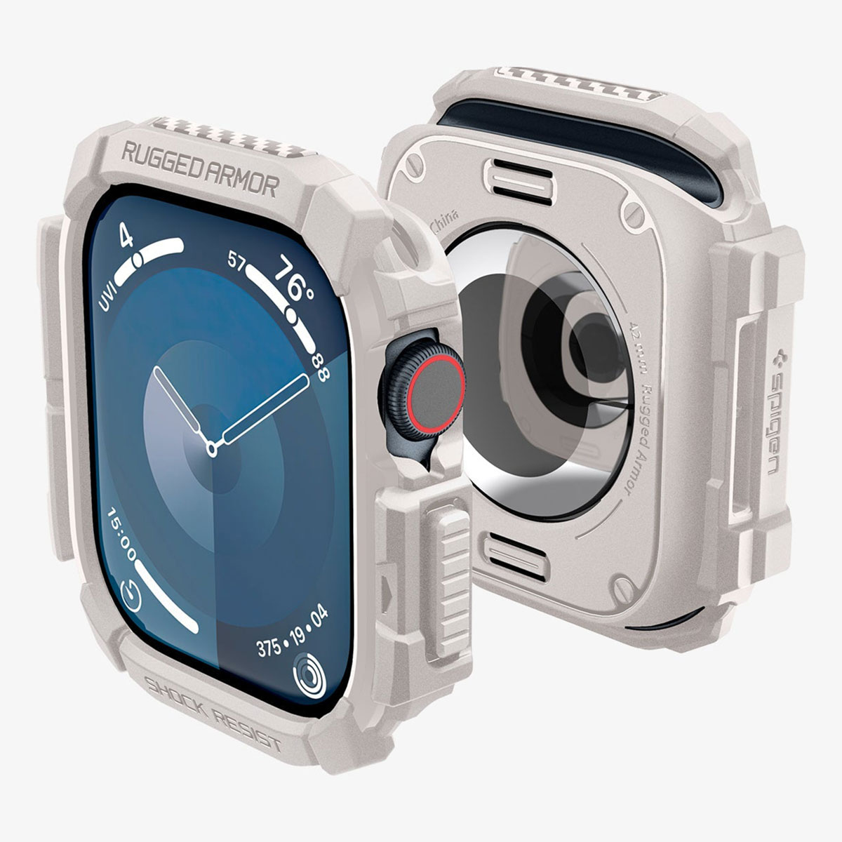 Smartwatch z jasnoszarą, wytrzymałą obudową i niebieskim ekranem.