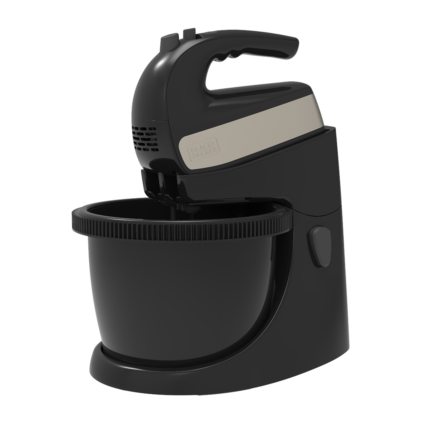 Czarny mikser ręczny Black+Decker z czarną misą. Mikser jest na białym tle.