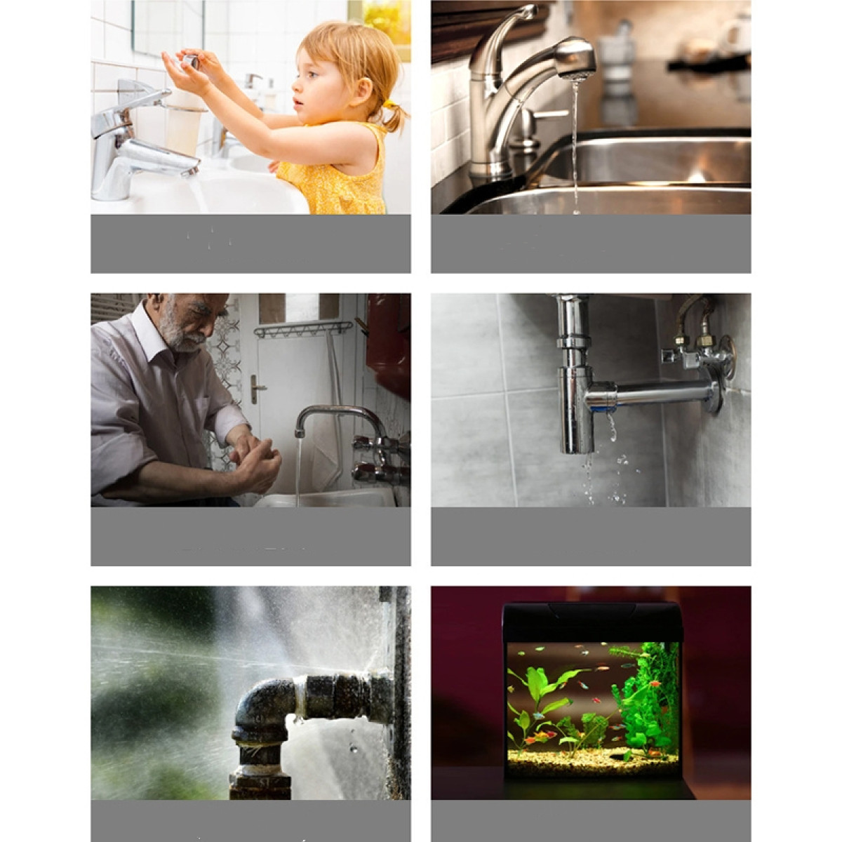 Collage von Bildern, die wasserverwandte Szenarien zeigen: Kind wäscht Hände, Wasserhahn und beschädigte Rohre.