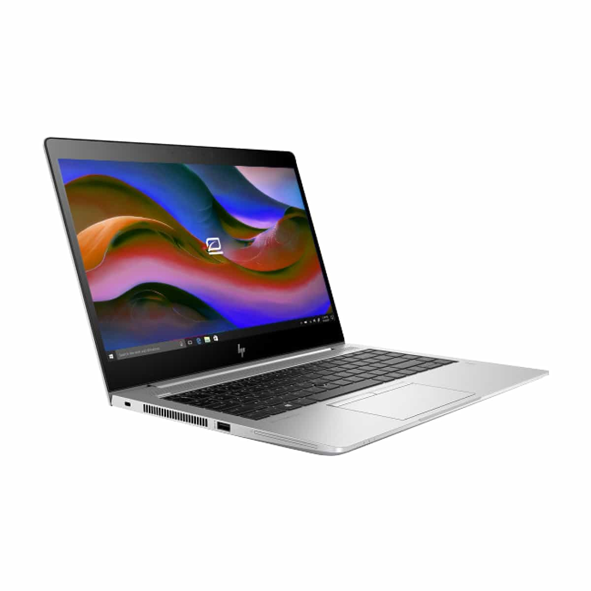 Laptop HP plateado con teclado negro y pantalla que muestra un logotipo, sobre un fondo blanco.