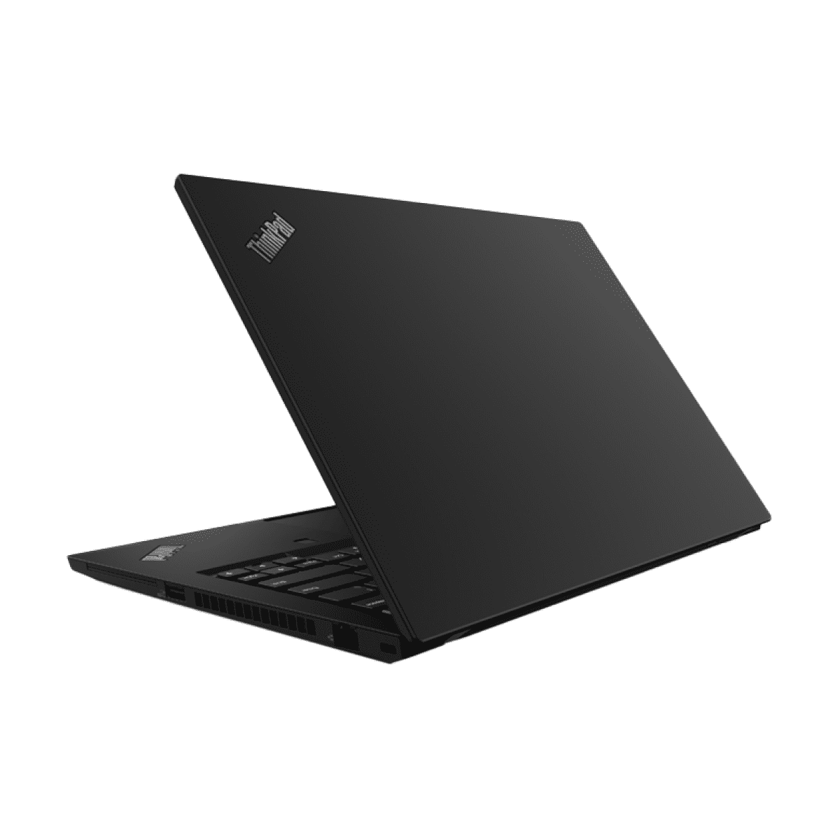 Laptop negro ligeramente abierto, en ángulo. La parte trasera muestra el logo ThinkPad. Fondo blanco.