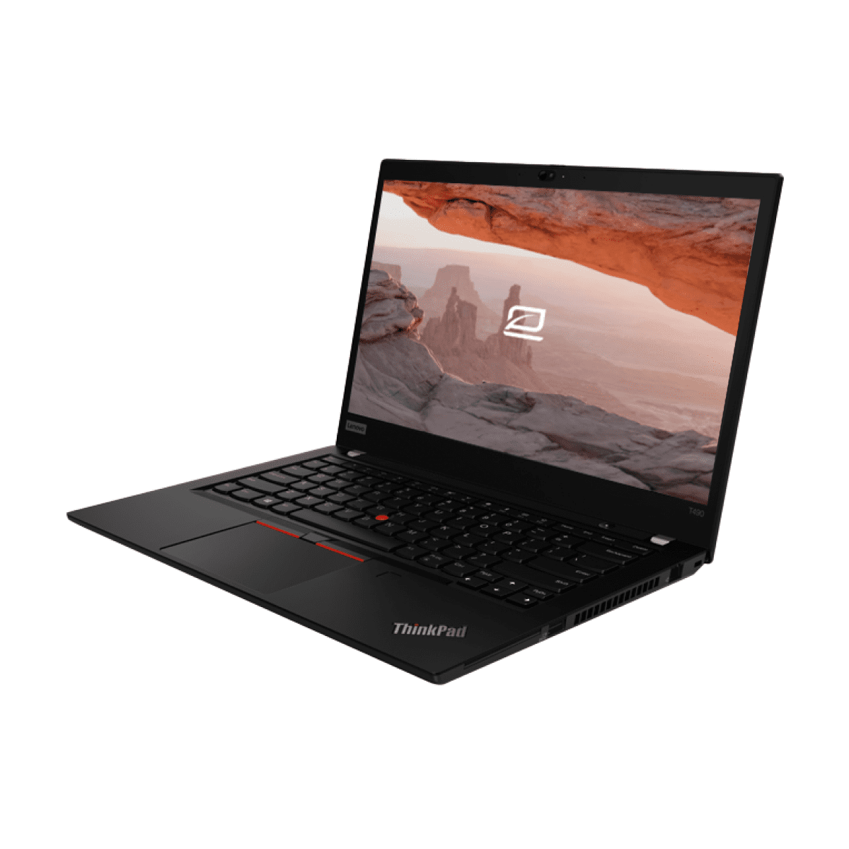 Portátil ThinkPad negro. La pantalla muestra una imagen de paisaje. Trackpoint rojo.
