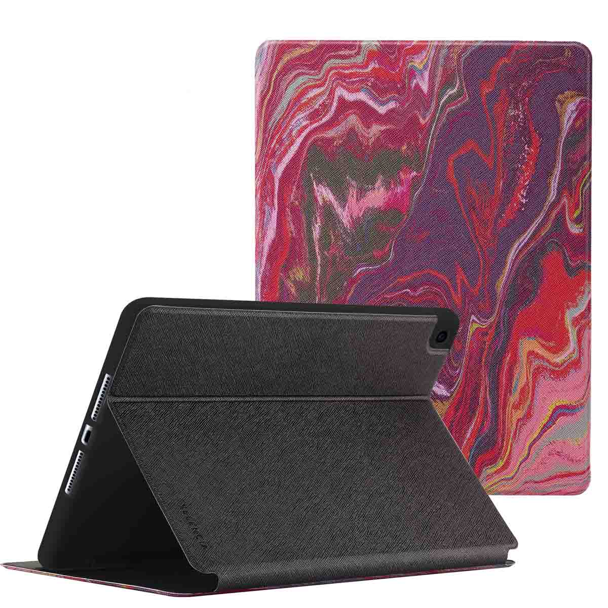 Tablet case open, with a patterned cover and the tablet inside. Gray interior.