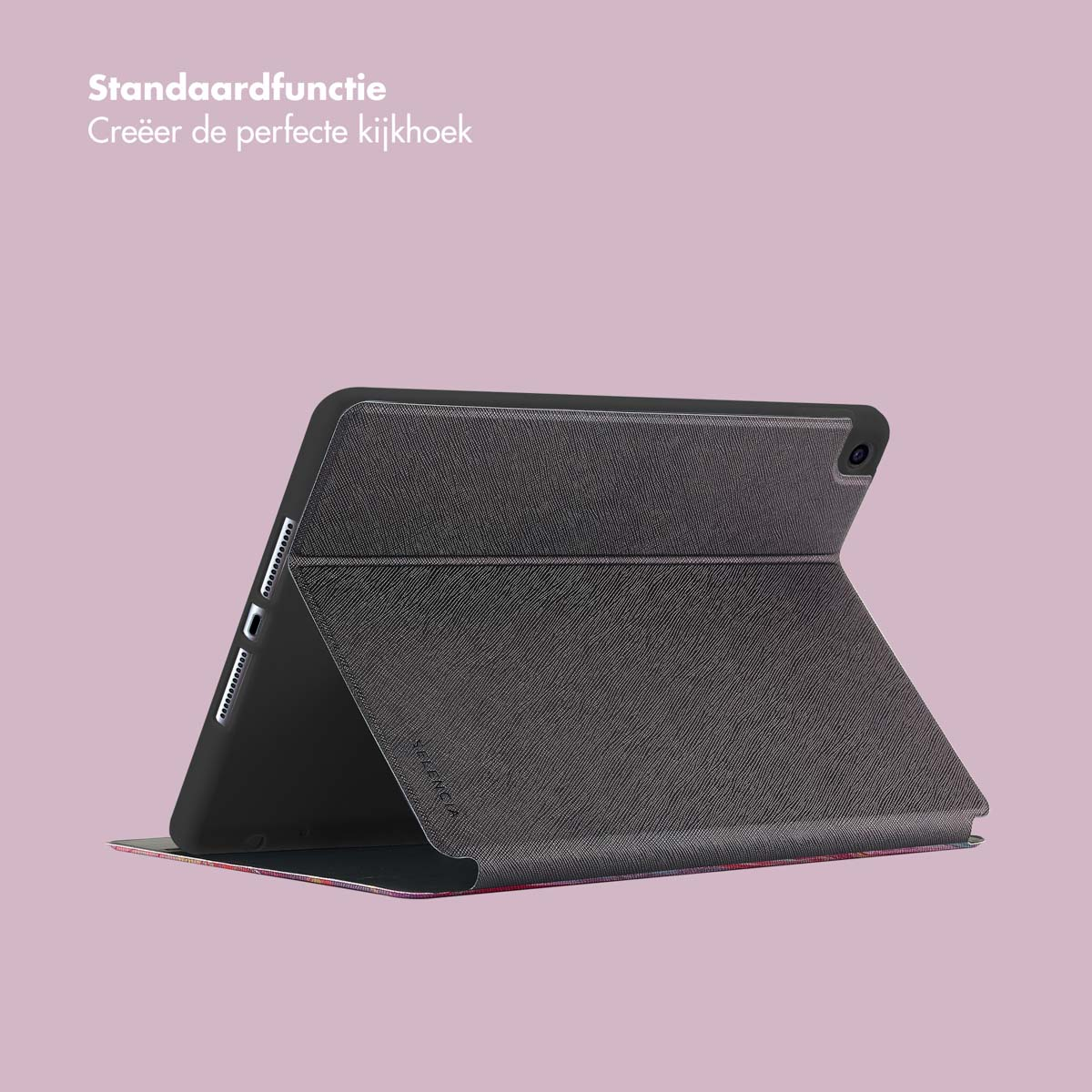 A tablet with a cover opened on a pink background. The cover is black and the tablet shows a screen.