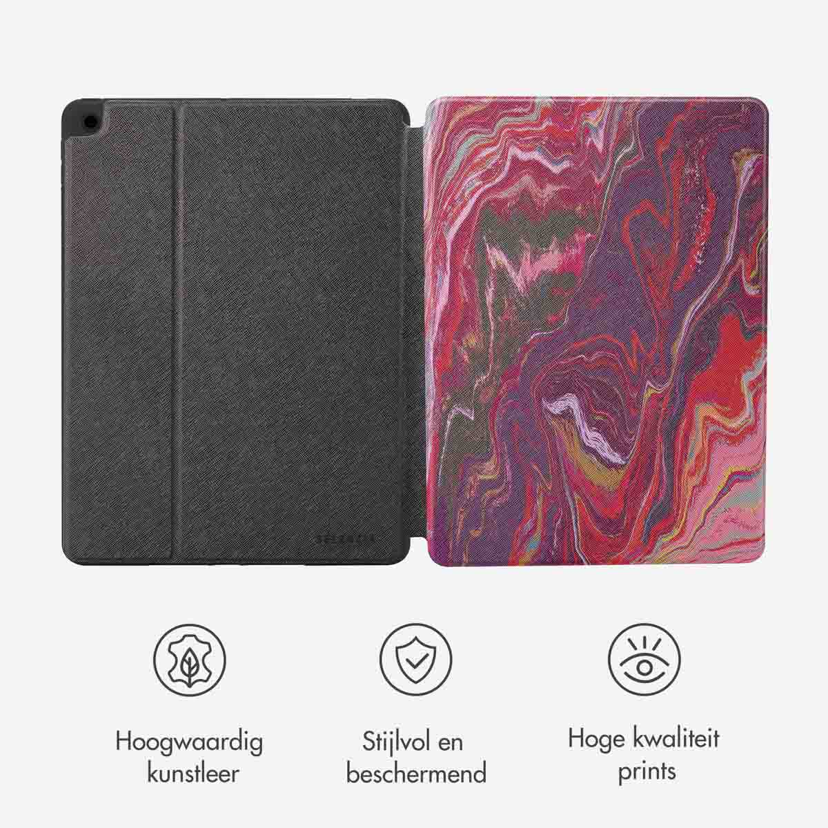 Open tablet case with a leather cover and a printed design. The case has a leather texture.