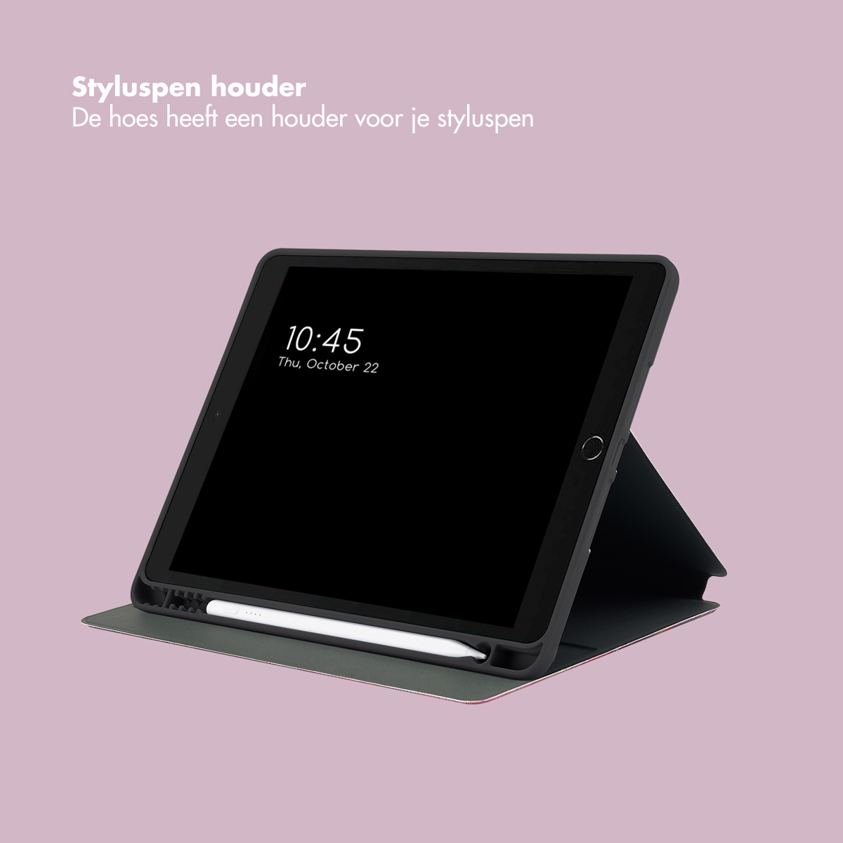 Tablet in a case with stylus, on a pink background.