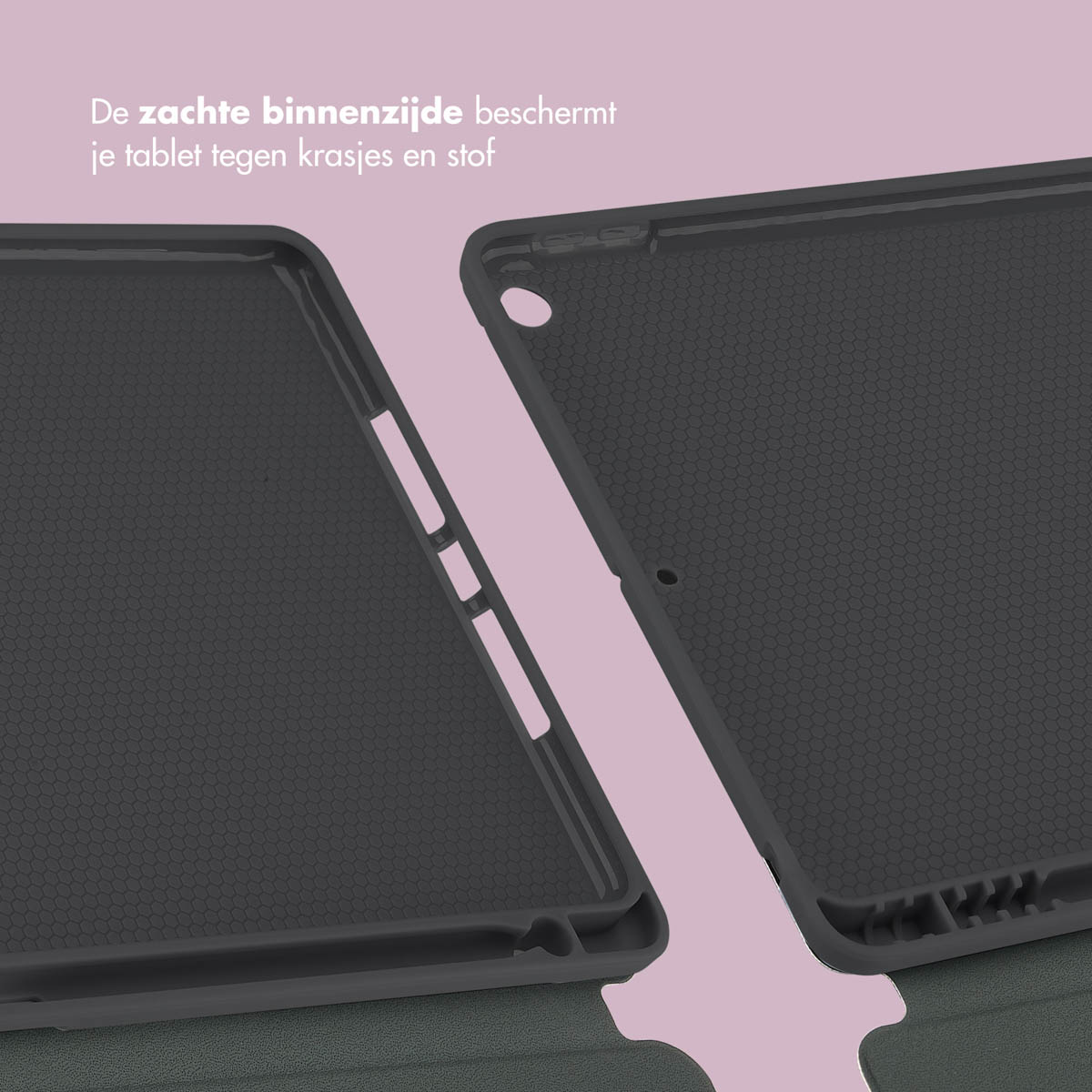 Close-up of a tablet case, grey interior, black exterior, and pink background.