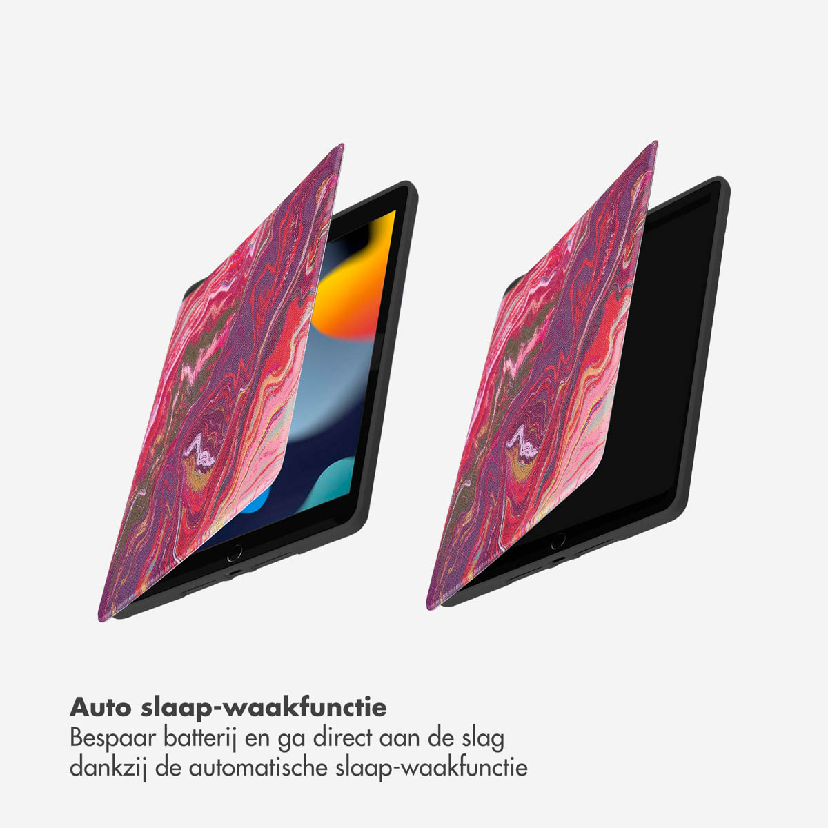 Two tablets, one open.  Abstract colorful pattern on the covers.  White background.