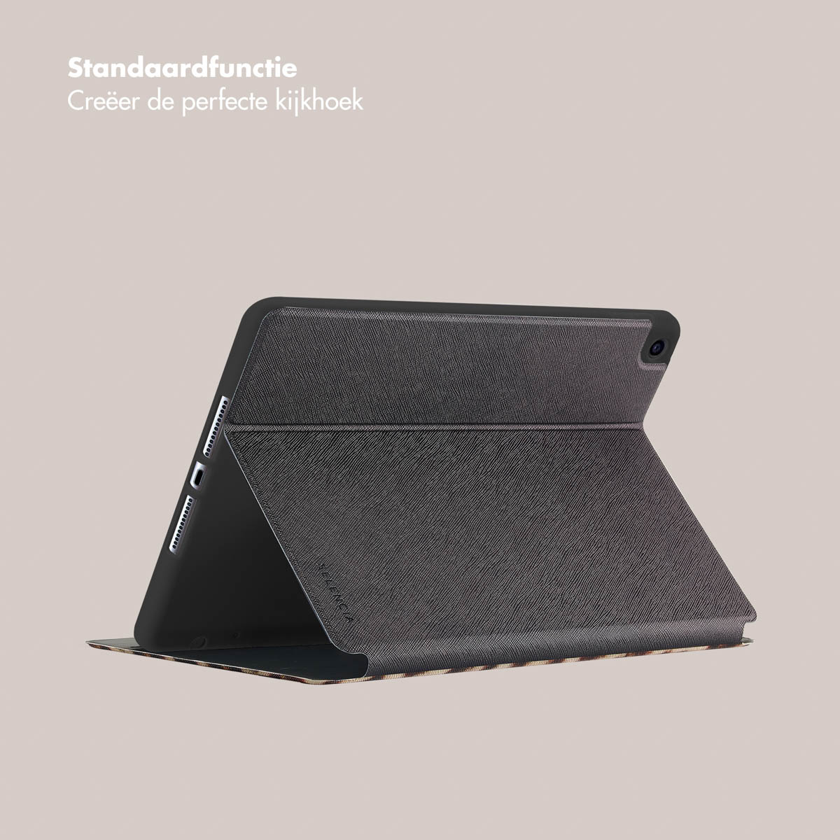 A tablet in a case, displayed at an angle on a neutral background.