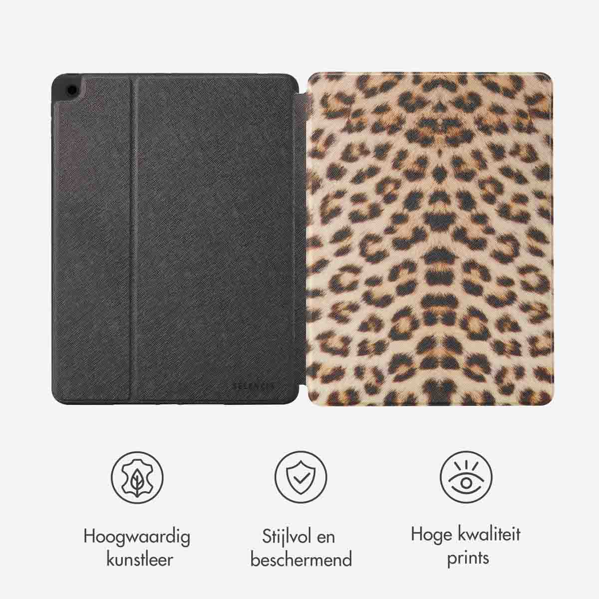 Open tablet case with a leopard print design on the right side.  It has a black inside.